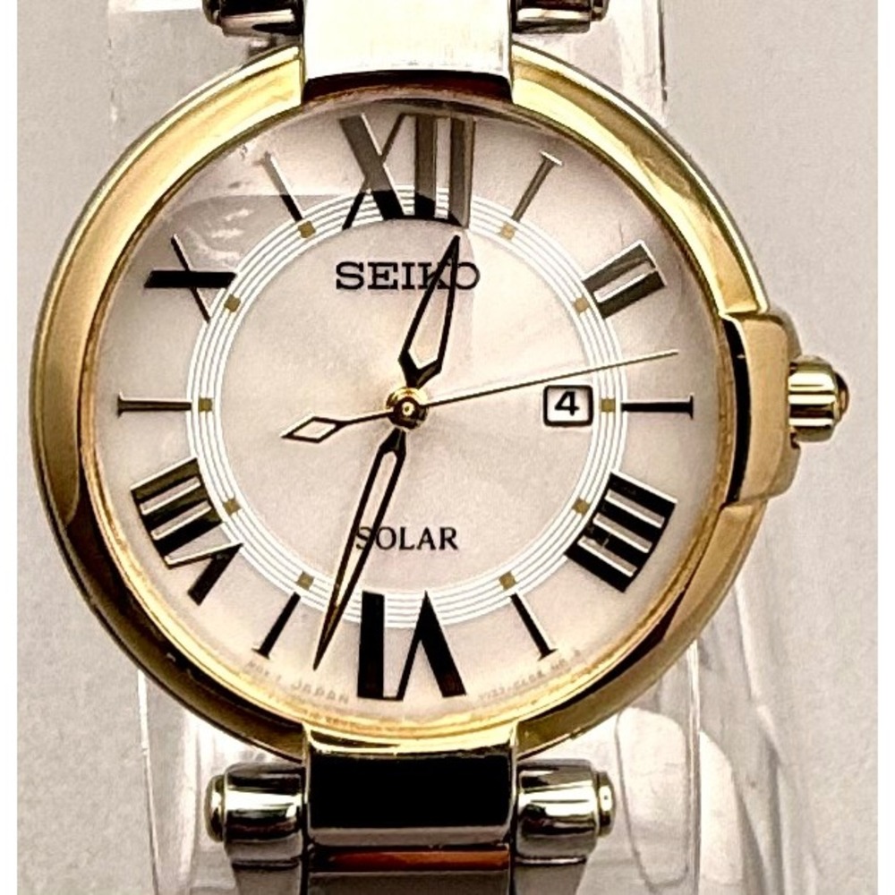 Seiko Solar Women's Two Tone Watch V117-0CF0 Roman Numeral Date Bracelet - Picture 3 of 11